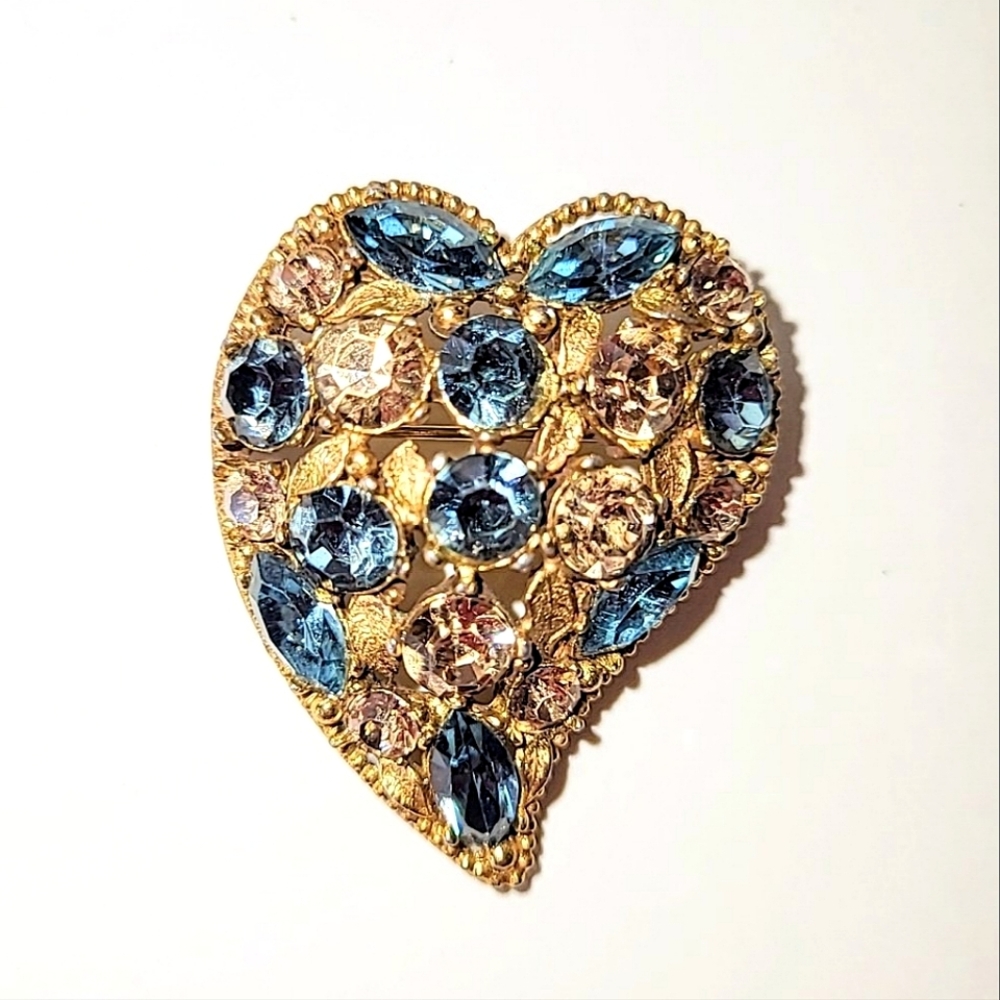 ABSTRACT HEART RHINESTONE PIN BROOCH - TEAL & CHAMPAGNE STONES - Picture 7 of 7